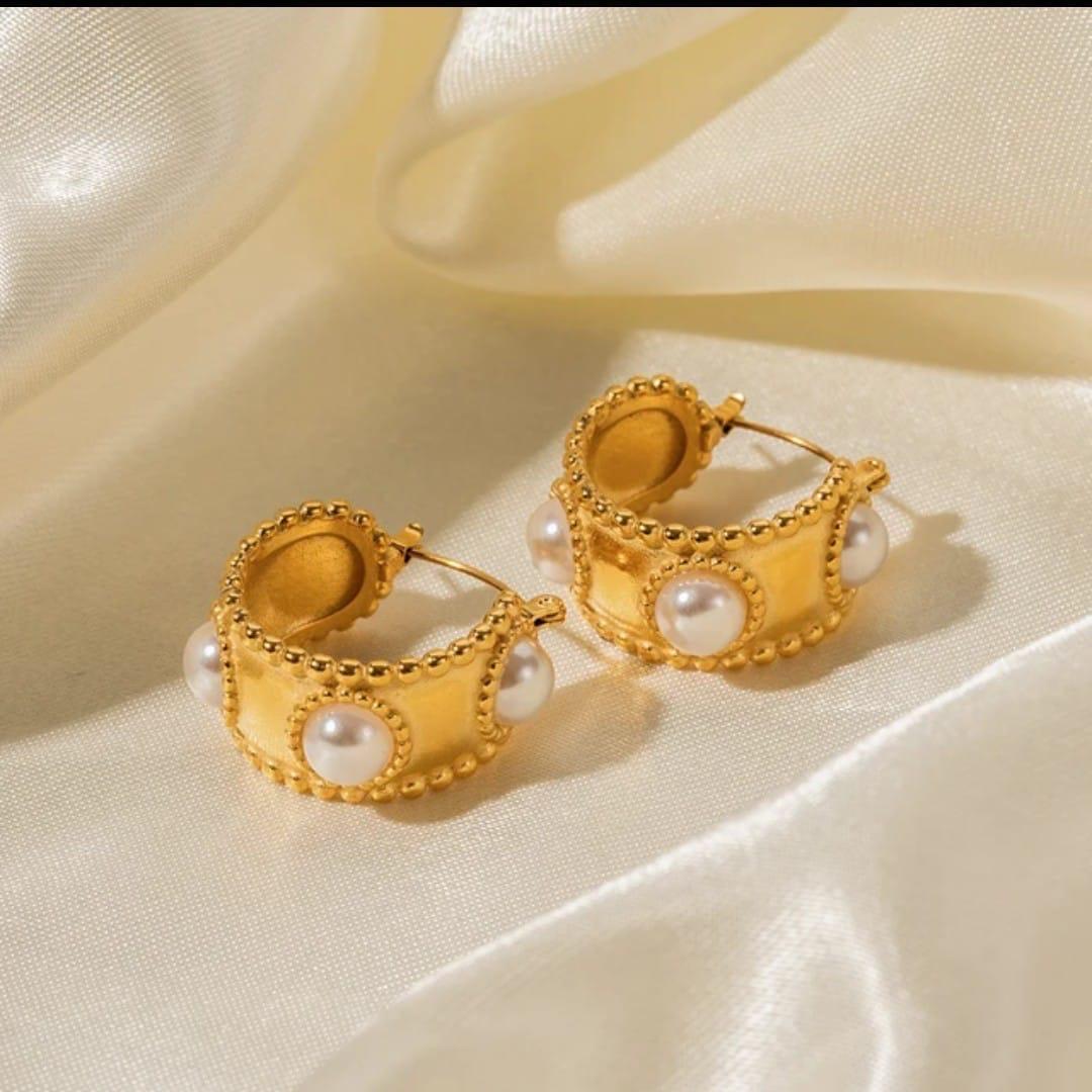 18K Gold-Plated Pearl Embossed Hoop Earrings
