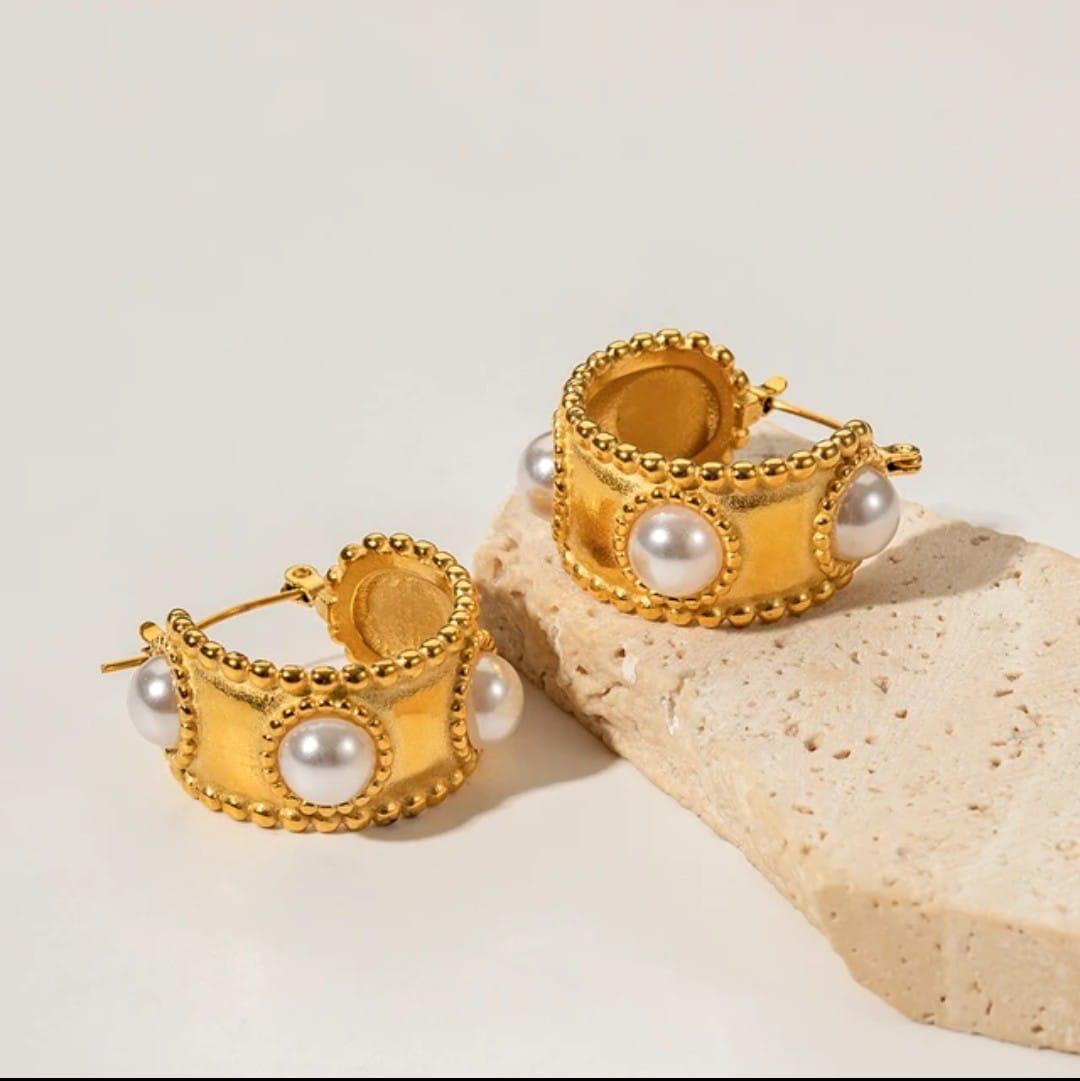 18K Gold-Plated Pearl Embossed Hoop Earrings