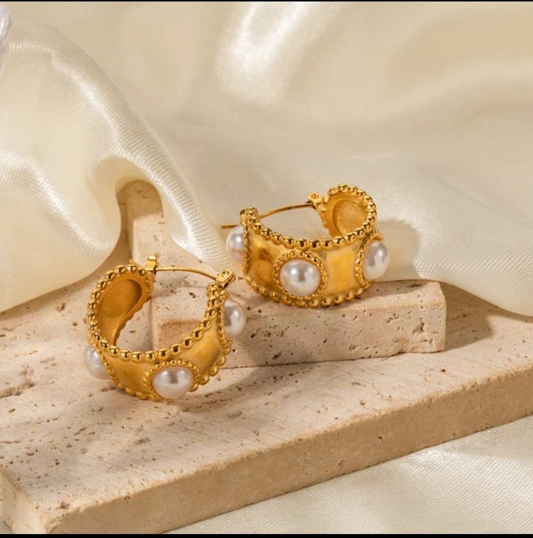 18K Gold-Plated Pearl Embossed Hoop Earrings
