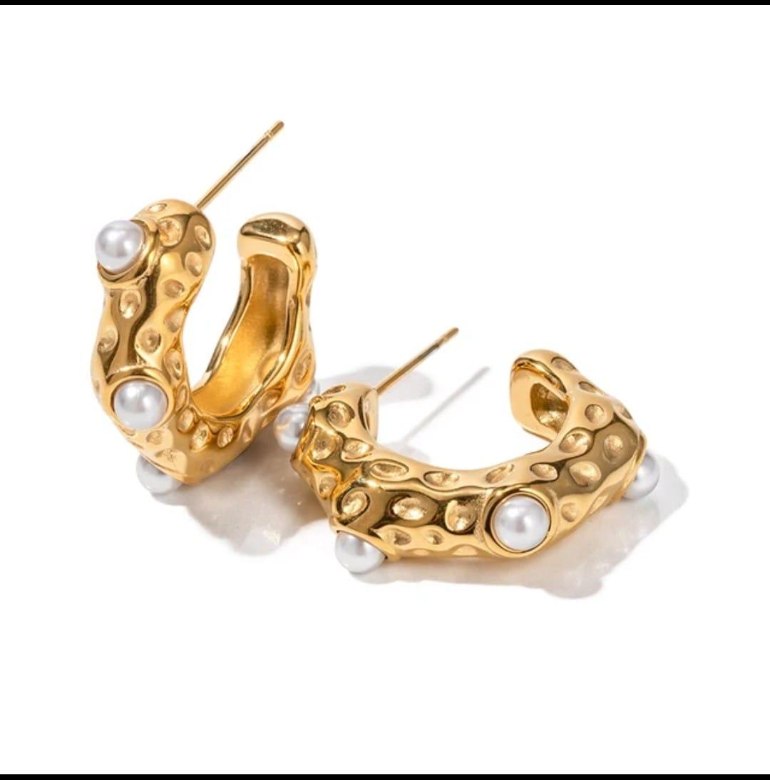 18K Gold-Plated Textured Pearl Hoop Earrings
