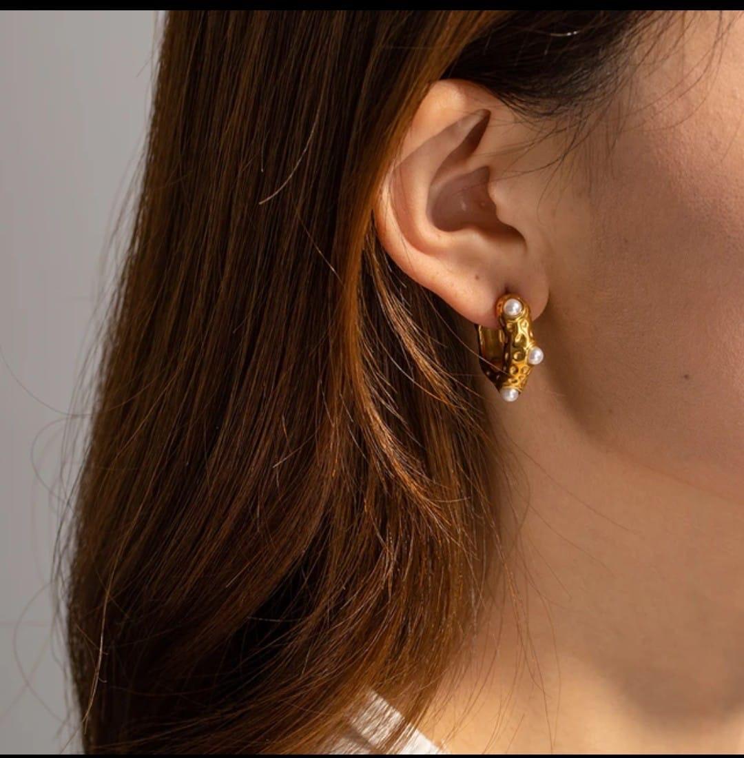 18K Gold-Plated Textured Pearl Hoop Earrings