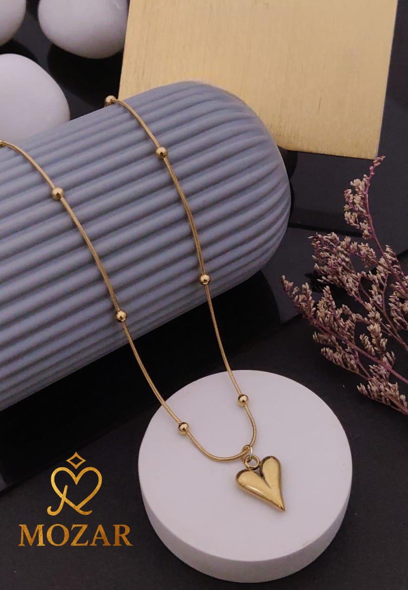 Puffed Heart 18k Gold Plated Beaded Chain Necklace (Anti-Tarnish)