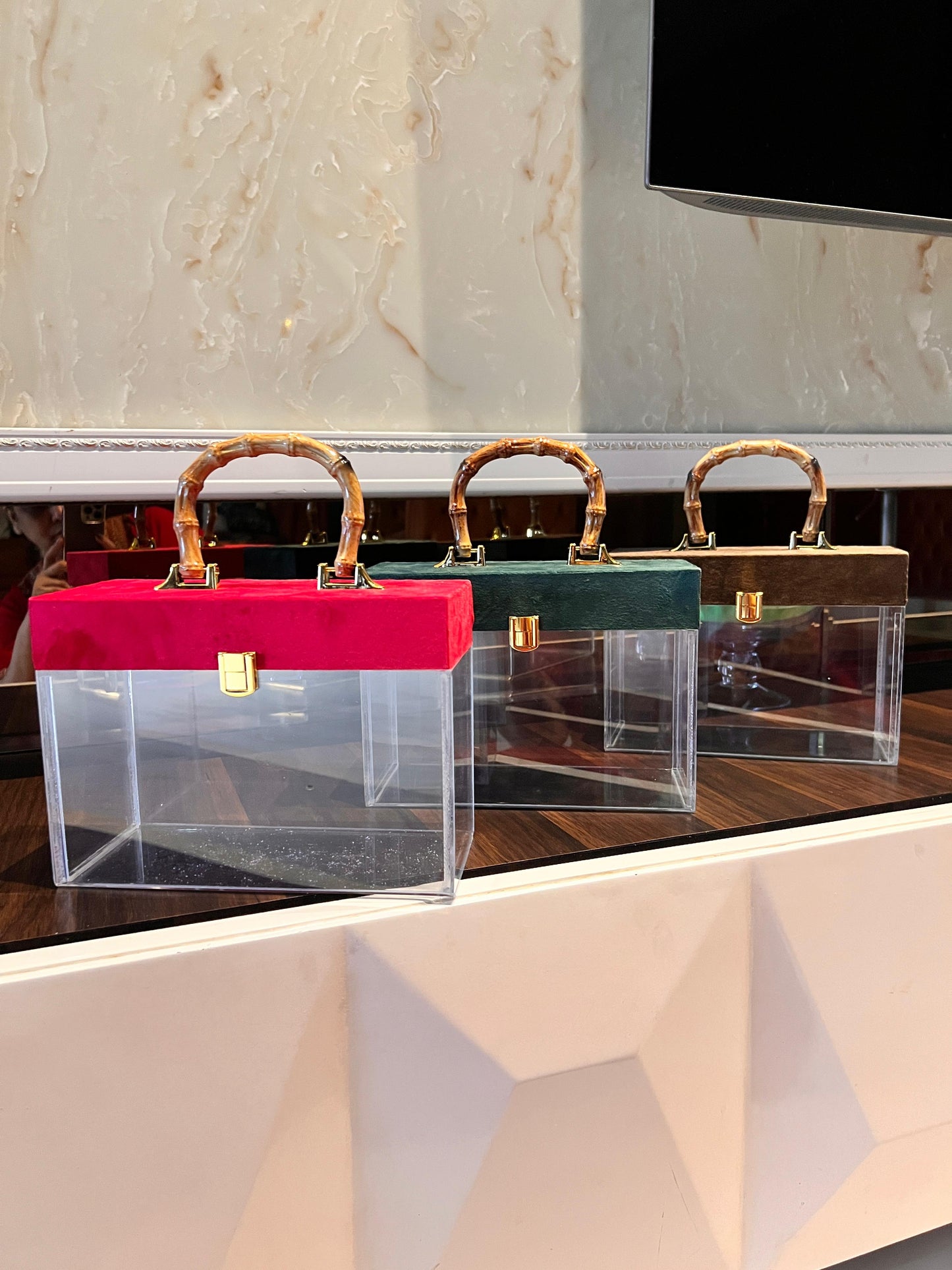 Luxury Transparent Jewellery Box with Velvet Lid & Bamboo Handle