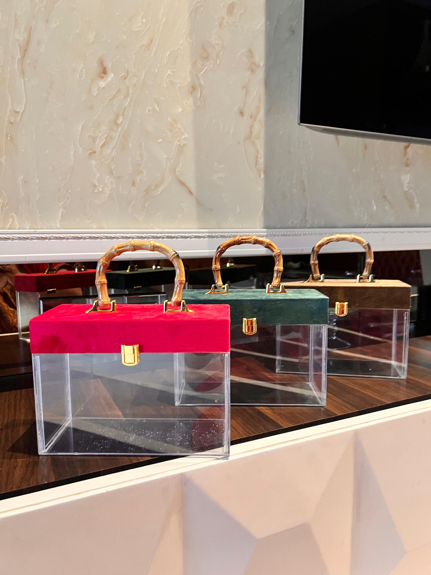 Luxury Transparent Jewellery Box with Velvet Lid & Bamboo Handle