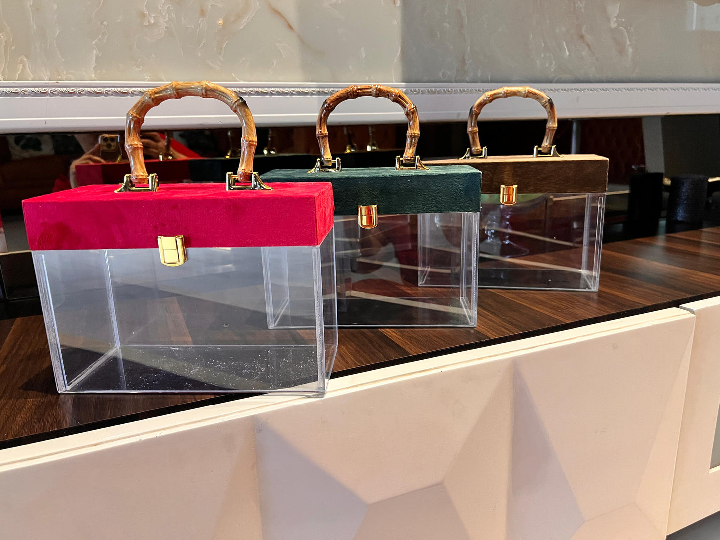 Luxury Transparent Jewellery Box with Velvet Lid & Bamboo Handle