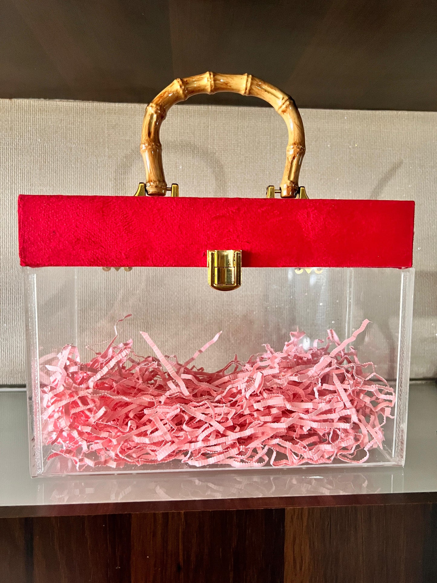 Luxury Transparent Jewellery Box with Velvet Lid & Bamboo Handle