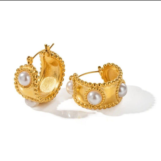 18K Gold-Plated Pearl Embossed Hoop Earrings