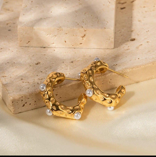 18K Gold-Plated Textured Pearl Hoop Earrings