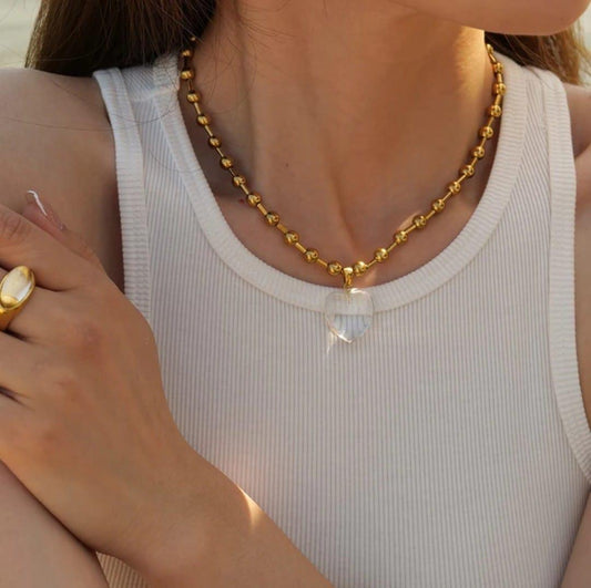 18K Gold-Plated Beaded Chain with Clear Heart Pendant