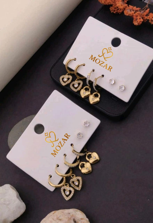 Heart & Lock Charm Earring Set (3 Pairs)