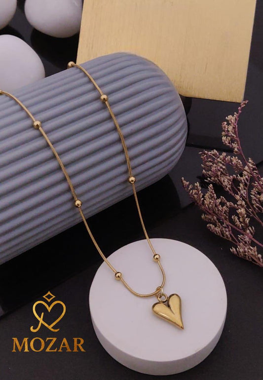 Puffed Heart 18k Gold Plated Beaded Chain Necklace (Anti-Tarnish)